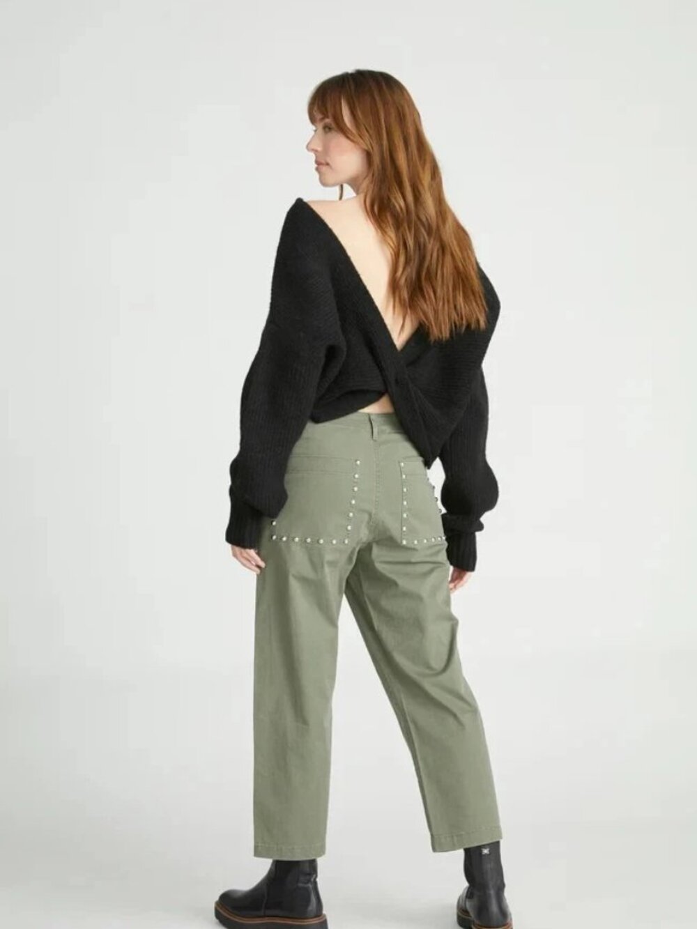 New Driftwood Boyfriend Trouser Pants Studded Crop Utility Pocket Army Green 27 - Picture 2 of 8